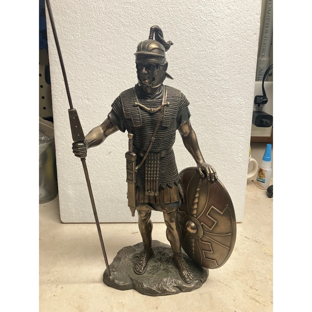 14 Inch Roman Warrior with Spear and Shield Cold Cast Bronze Figurine Veronese